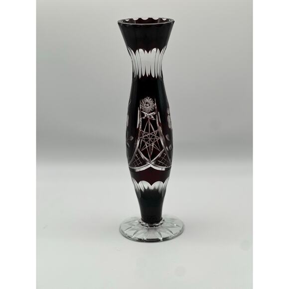 Vintage Ruby Cut Glass Bud Vase Floral Etched Crystal 8” Tall - Picture 2 of 10